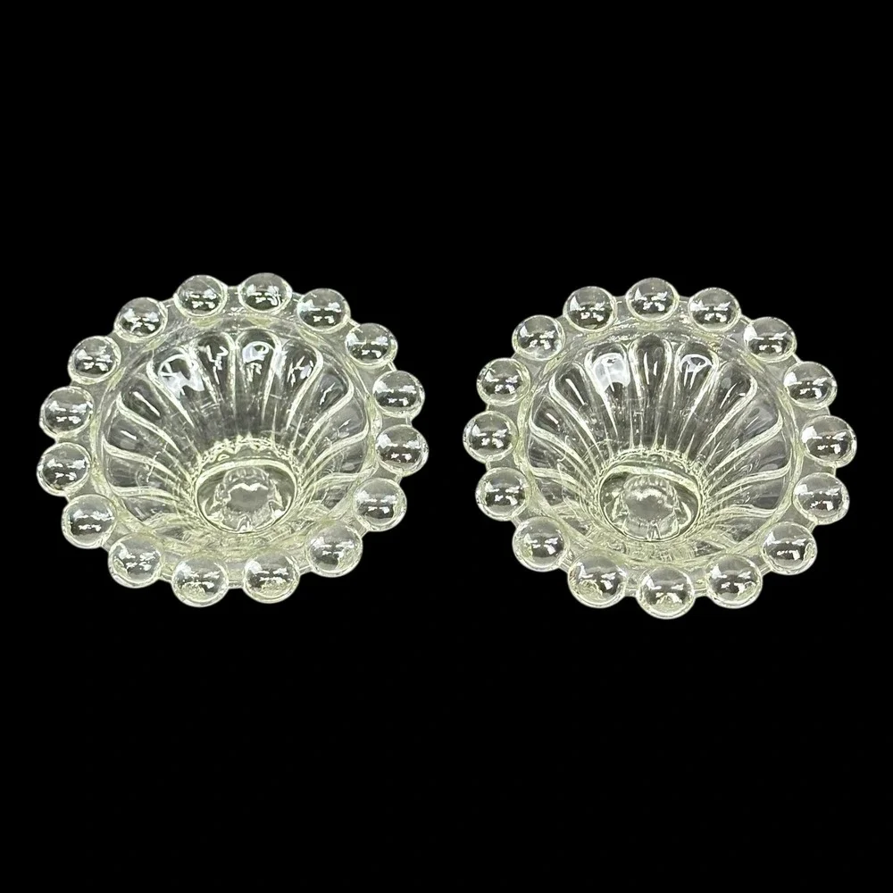 Anchor Hocking Berwick Boopie Clear Glass Beaded‎ Edge 2 Taper Candle Holders